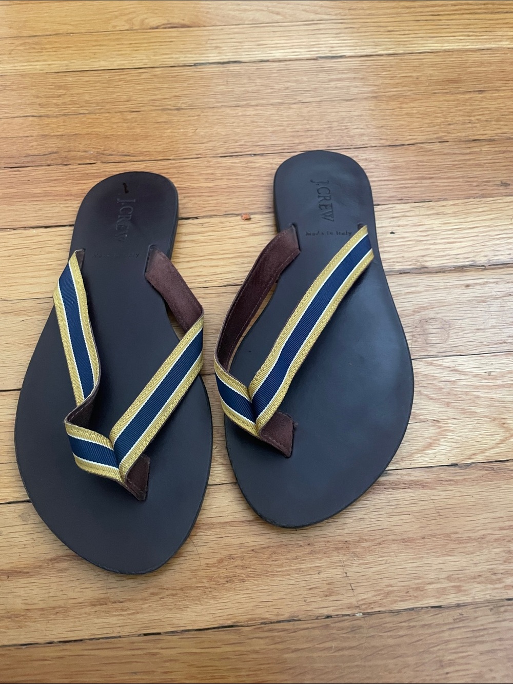 J. Crew Brown Leather Flip-Flops with Navy & Gold Striped Straps. Never worn